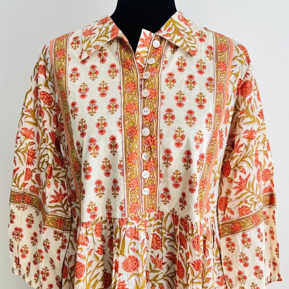 BRAND NEW Hand Block Printed Cotton Midi Dress – Long Sleeve Summer Dress